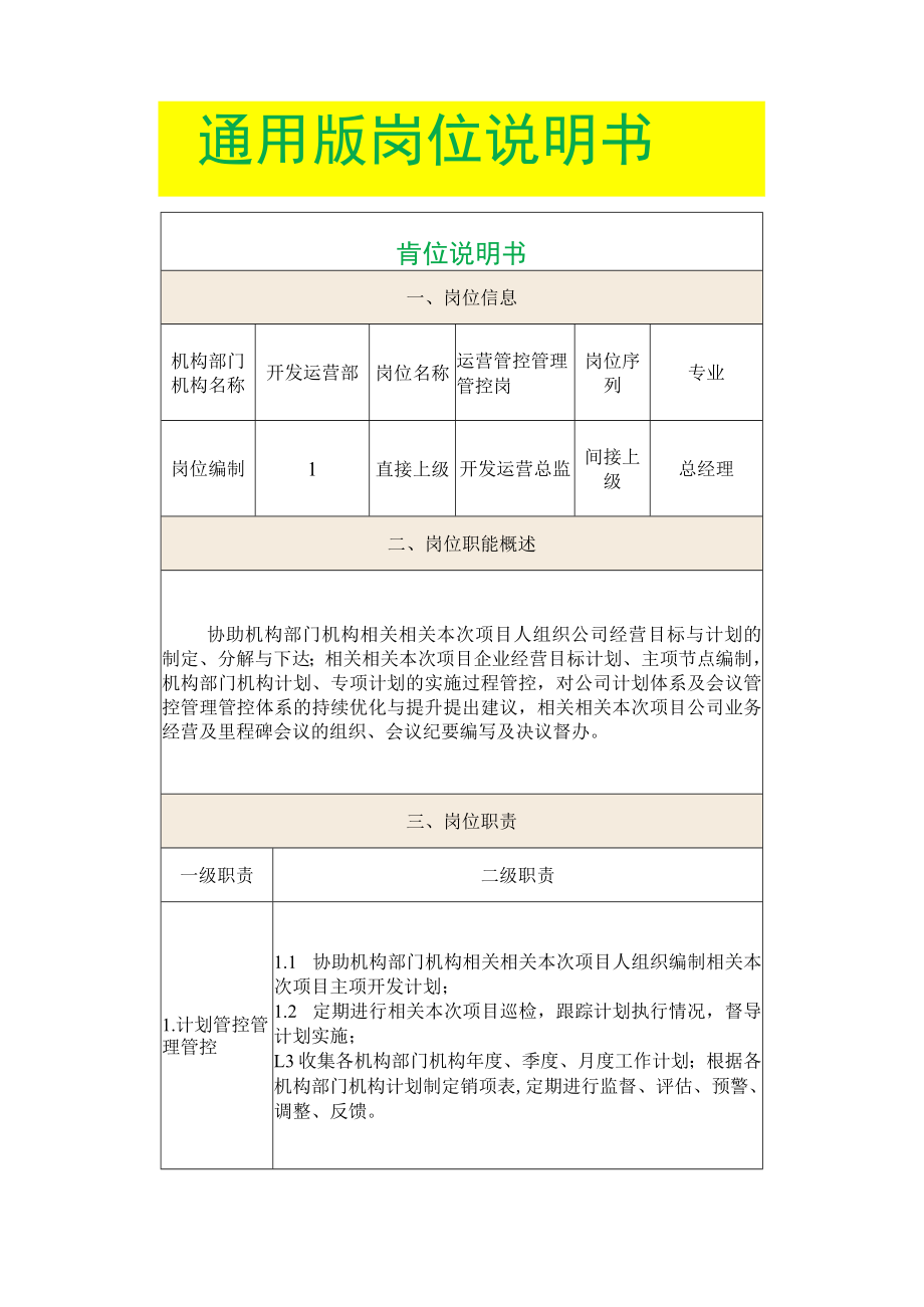 办公文档范本通用版岗位说明书.docx_第1页