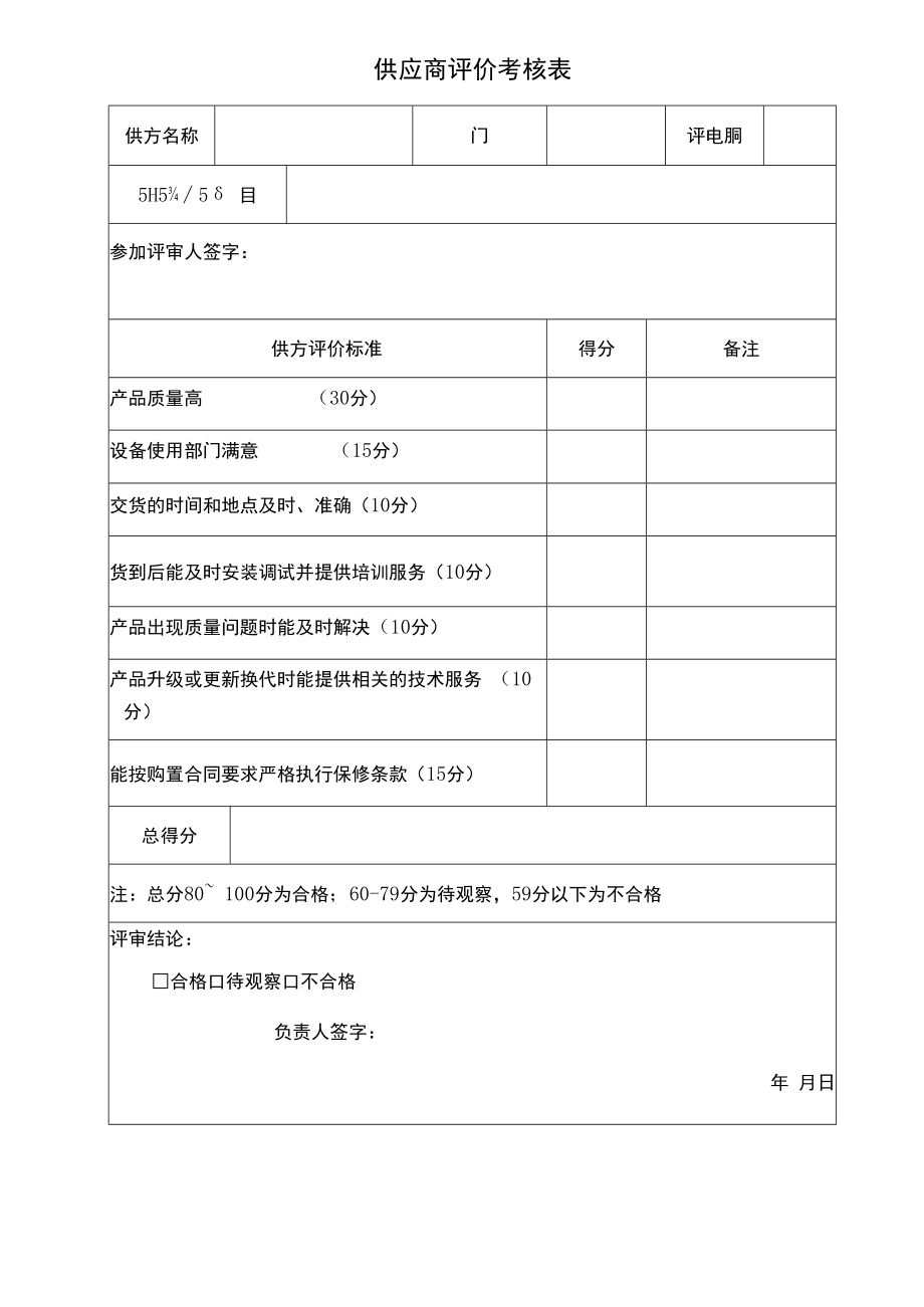 供应商评价考核表格模板.docx_第1页