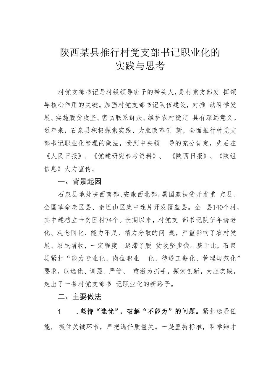 陕西某县推行村党支部书记职业化的实践与思考.docx_第1页