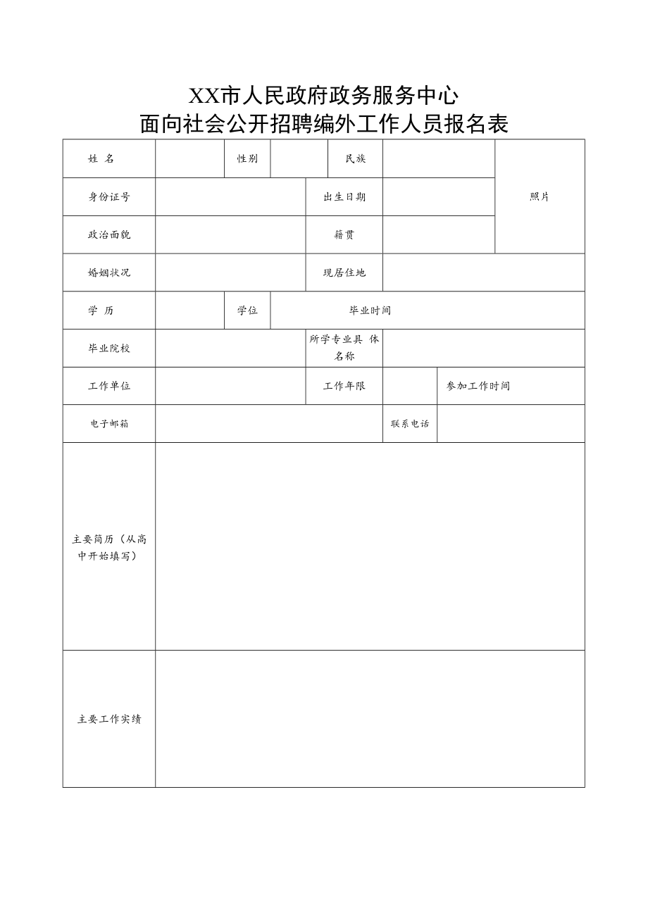 XX市人民政府政务服务中心面向社会公开招聘编外工作人员报名表.docx_第1页