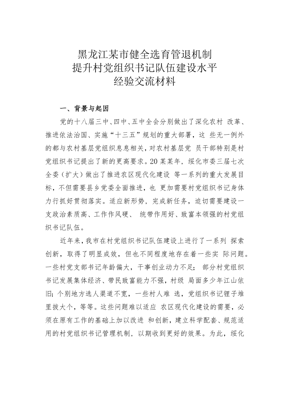 黑龙江某市健全选育管退机制提升村党组织书记队伍建设水平经验交流材料.docx_第1页