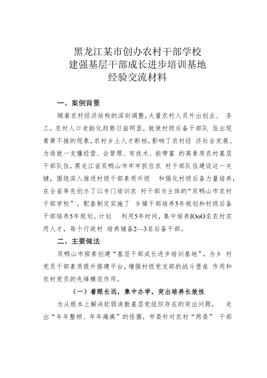 黑龙江某市创办农村干部学校建强基层干部成长进步培训基地经验交流材料.docx_第1页