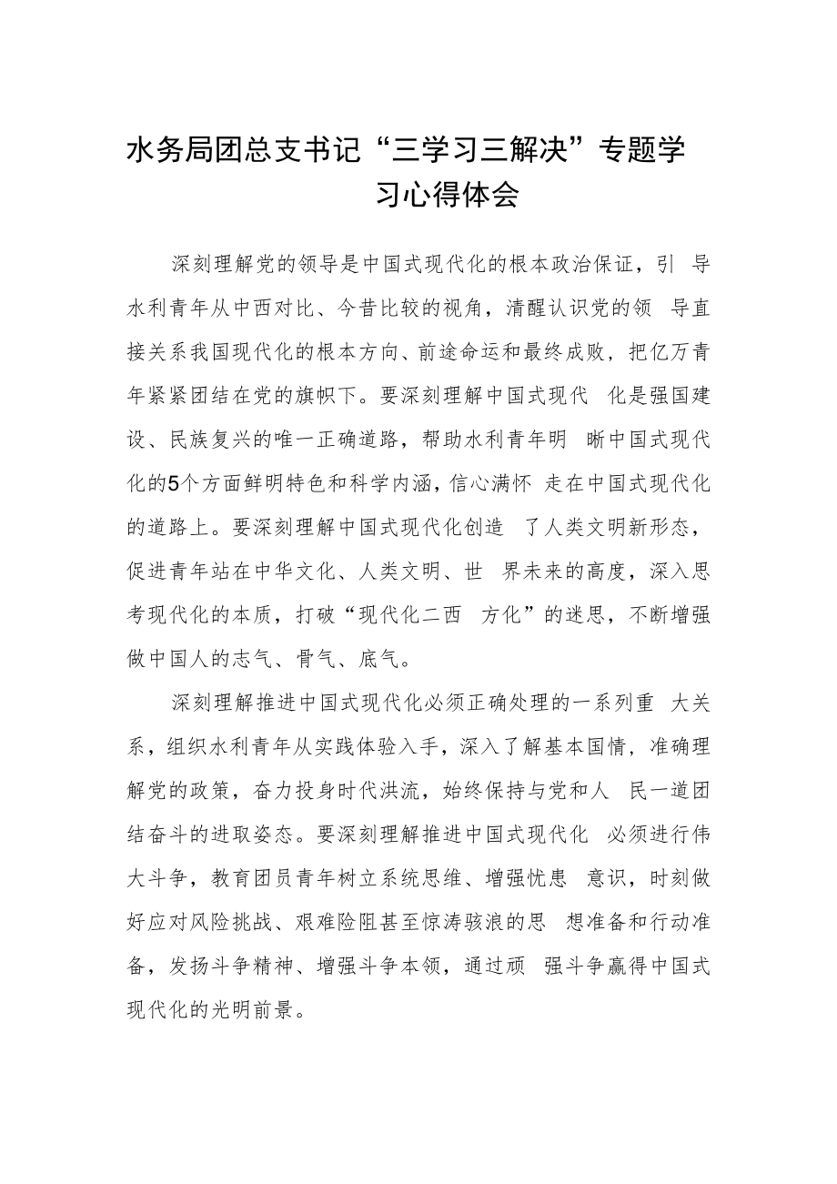 水务局团总支书记“三学习三解决”专题学习心得体会.docx_第1页