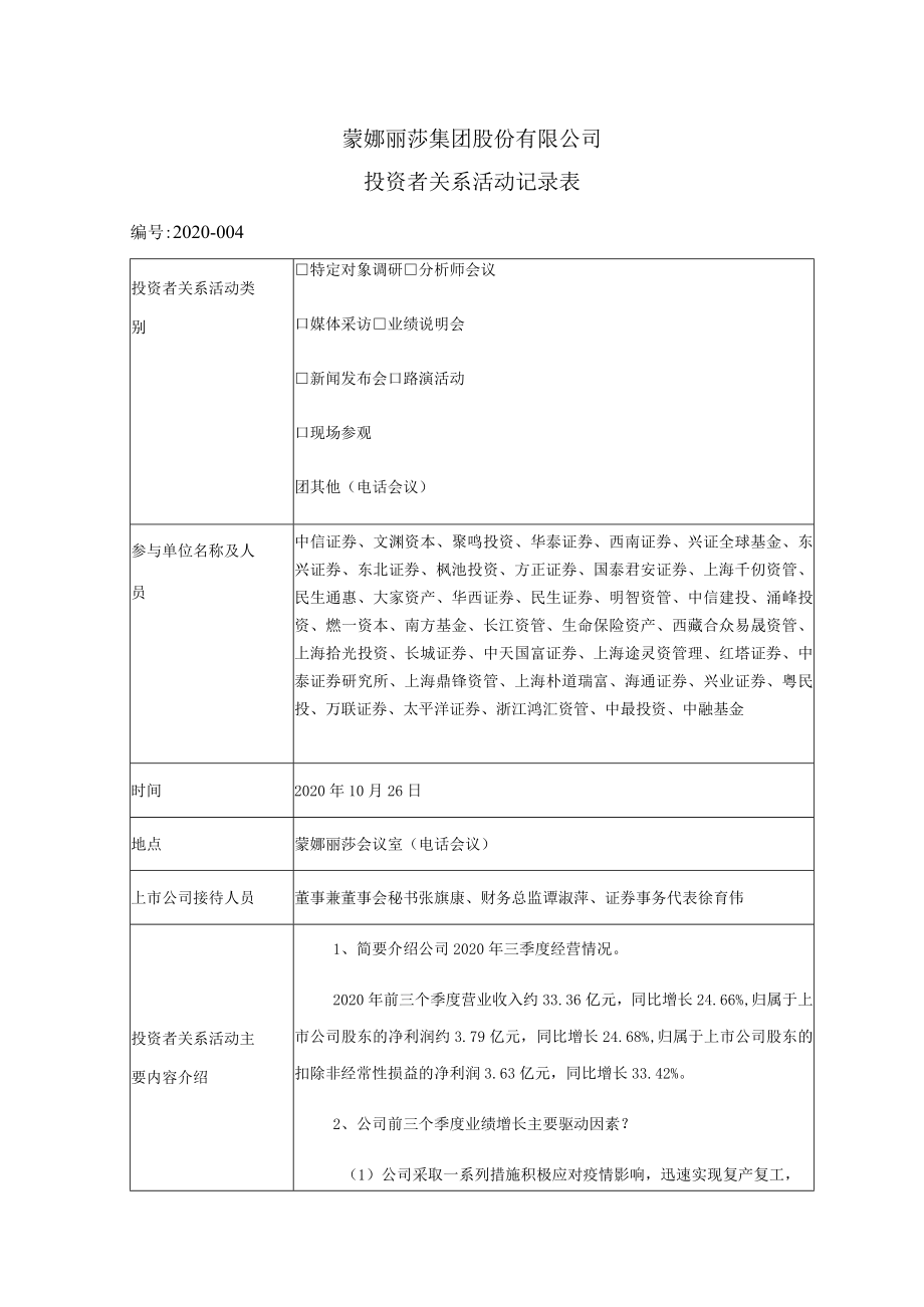 蒙娜丽莎集团股份有限公司投资者关系活动记录表.docx_第1页