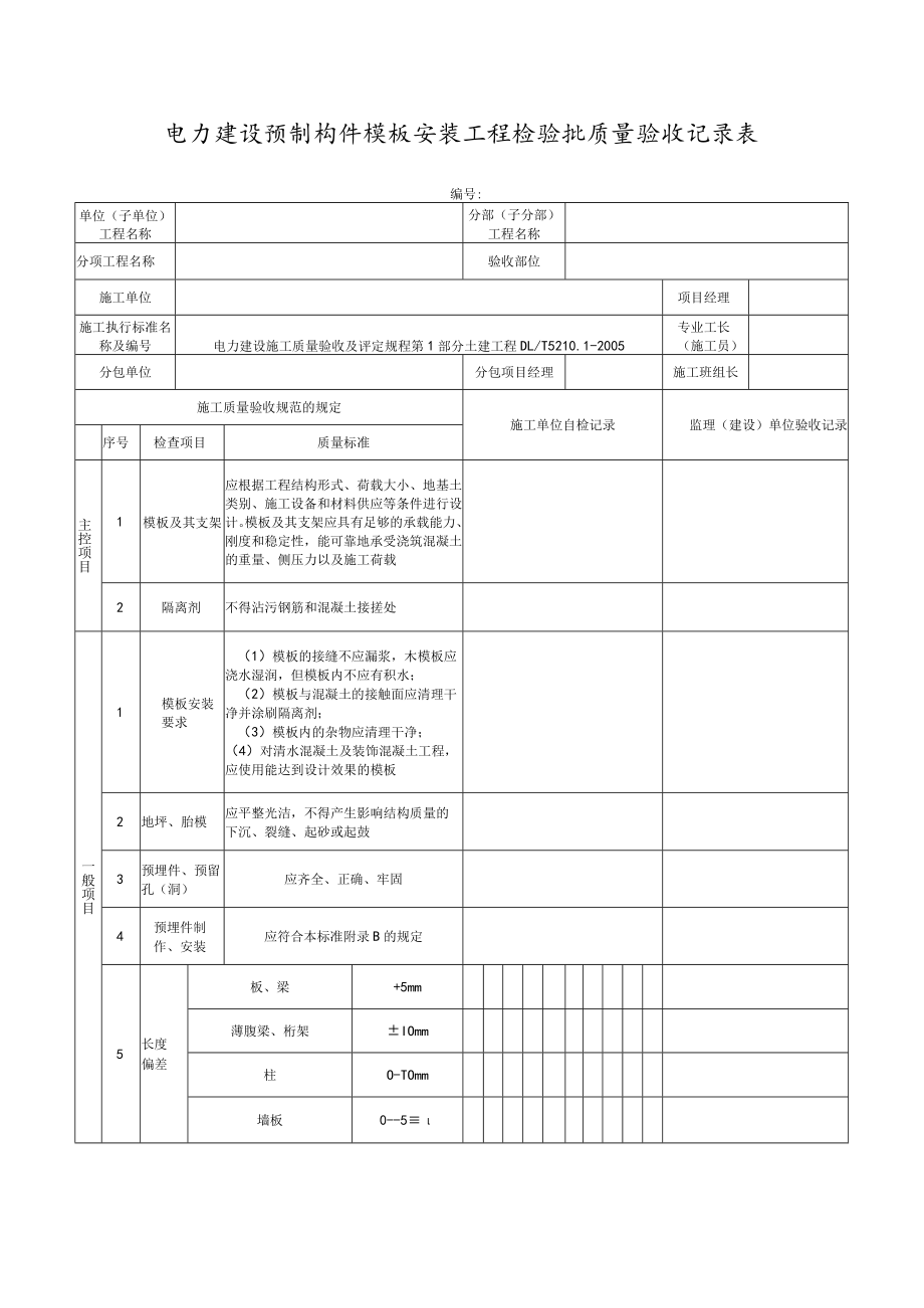 电力建设预制构件模板安装工程检验批质量验收记录表.docx_第1页