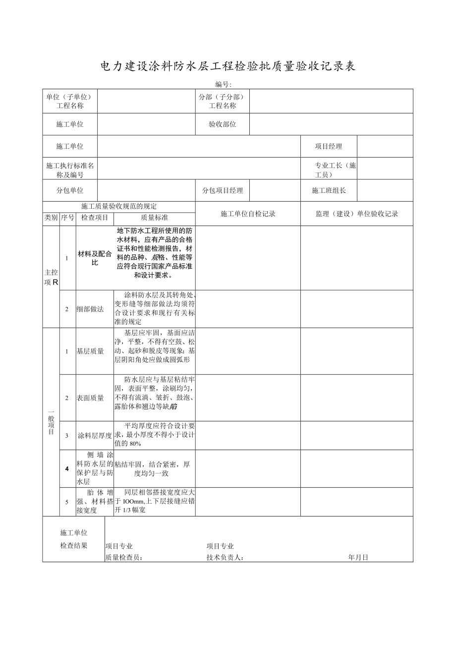 电力建设涂料防水层工程检验批质量验收记录表.docx_第1页