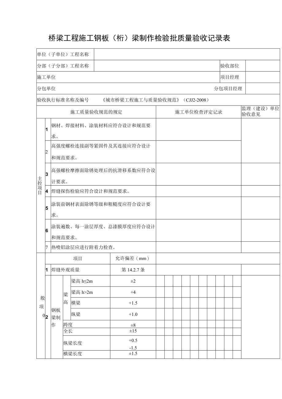 桥梁工程施工钢板（桁）梁制作检验批质量验收记录表.docx_第1页