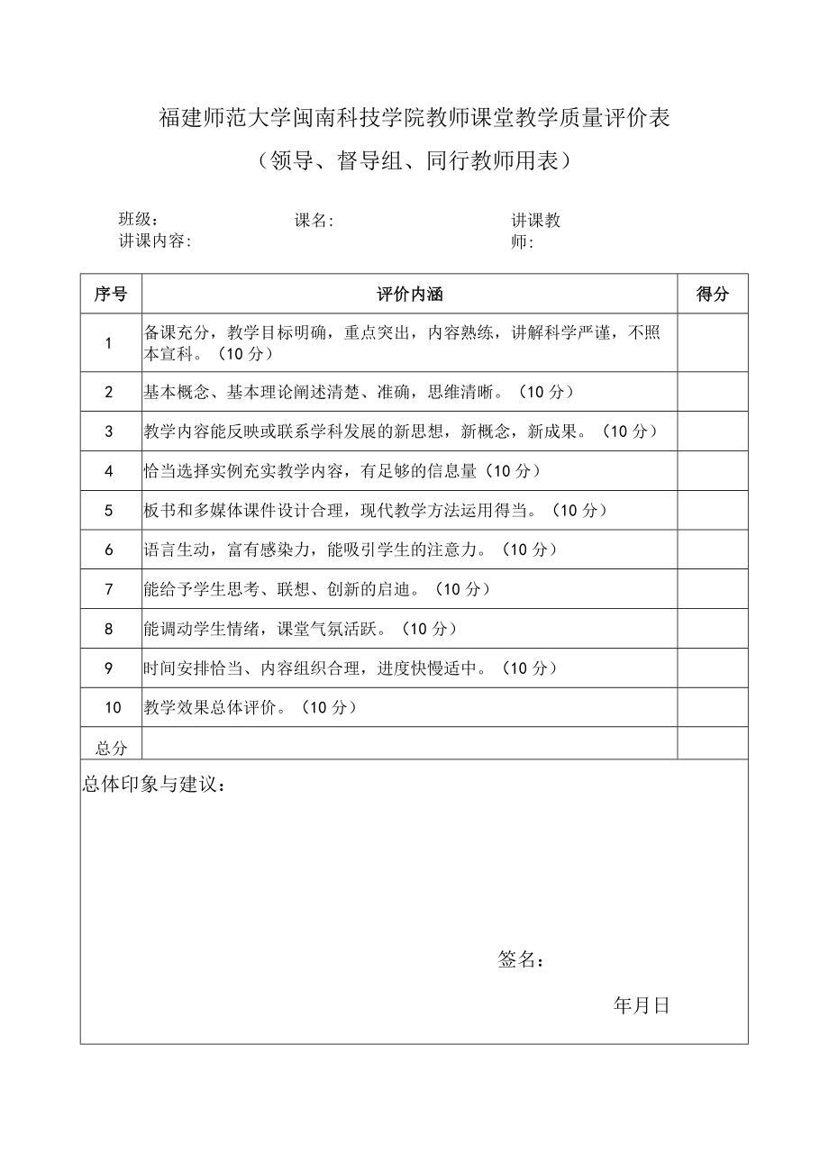 福建师范大学闽南科技学院教师课堂教学质量评价表领导、督导组、同行教师用表.docx_第1页