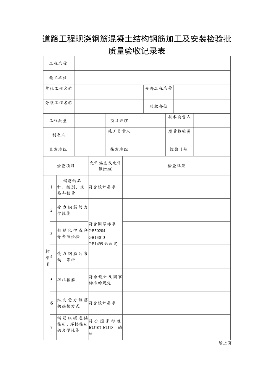 道路工程现浇钢筋混凝土结构钢筋加工及安装检验批质量验收记录表.docx_第1页