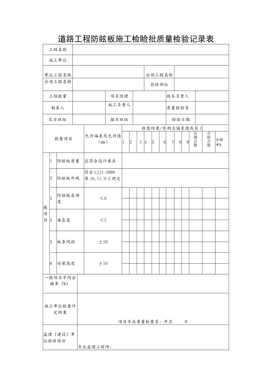 道路工程防眩板施工检验批质量检验记录表.docx_第1页