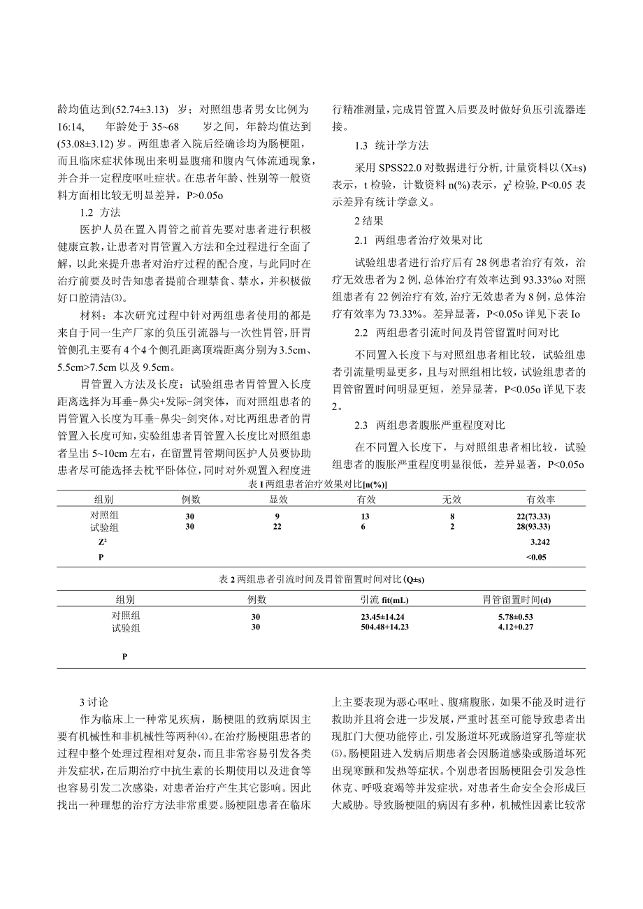 肠梗阻胃肠减压治疗中不同胃管置入长度应用效果观察.docx_第2页