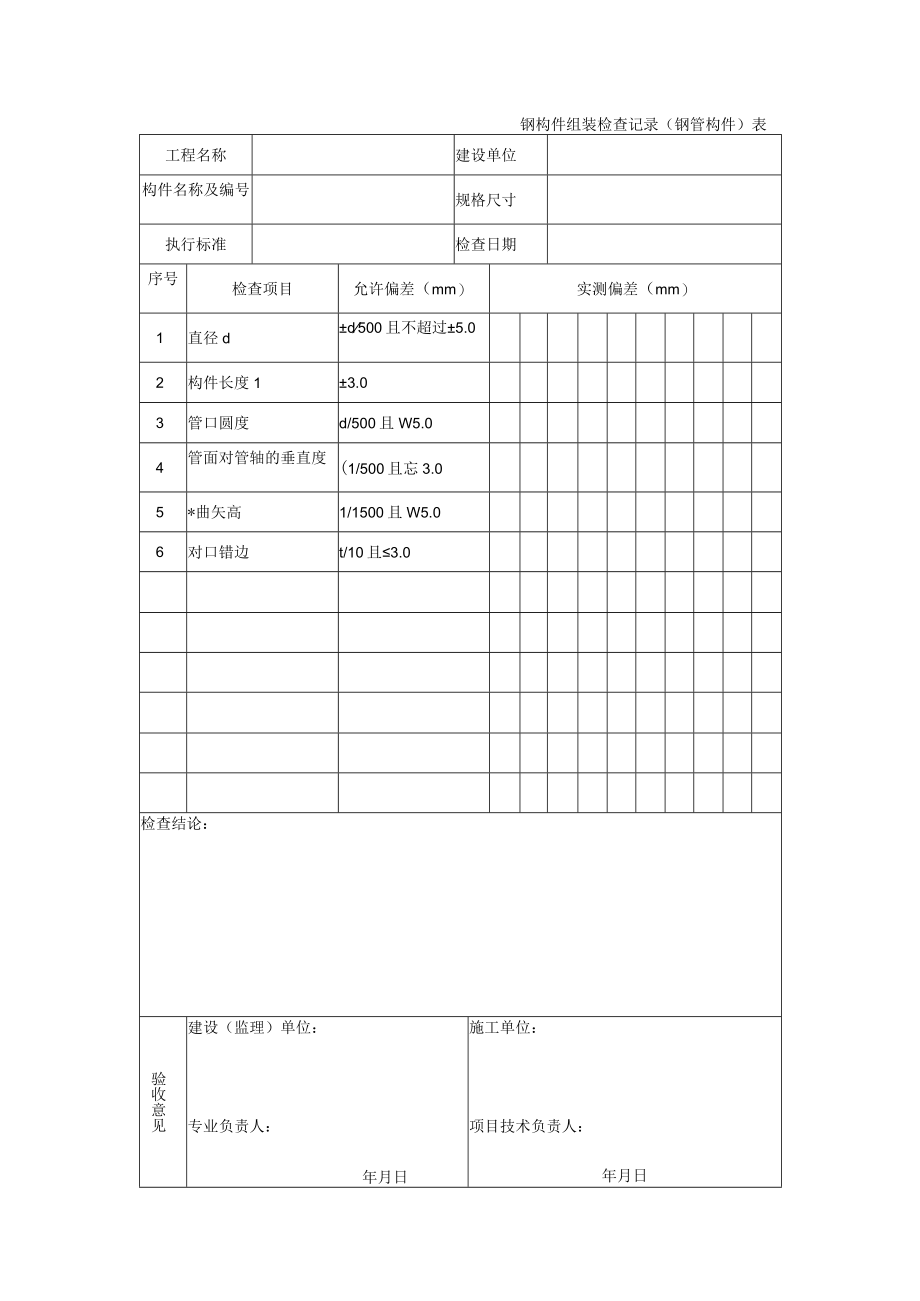 钢构件组装检查记录（钢管构件）表.docx_第1页