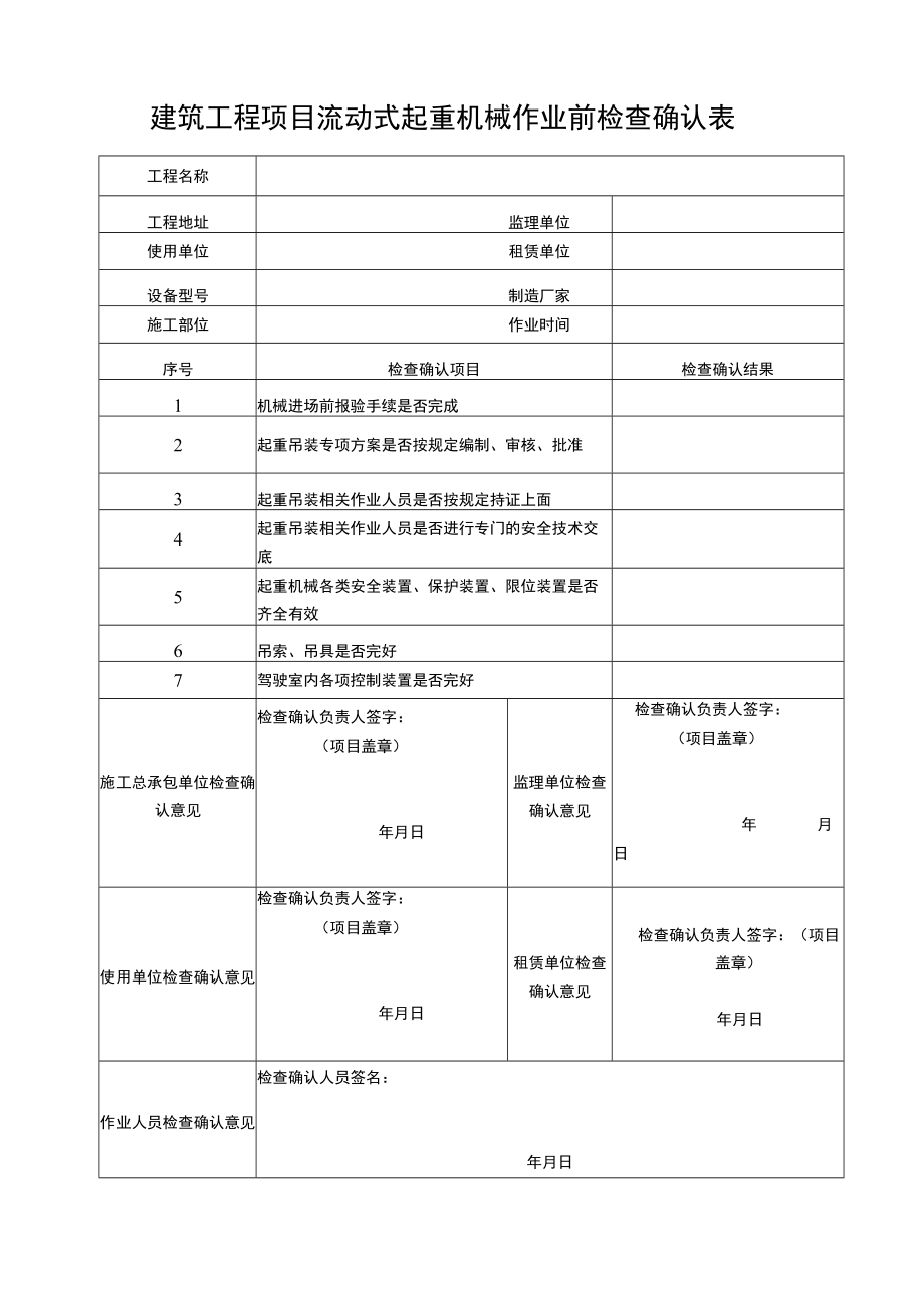 建筑工程项目流动式起重机械检查确认表.docx_第1页