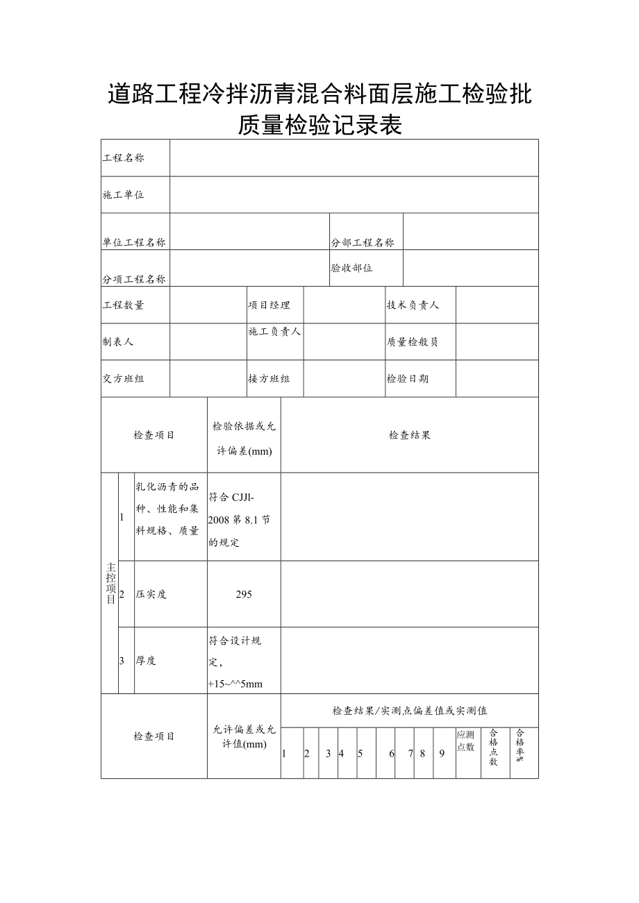 道路工程冷拌沥青混合料面层施工检验批质量检验记录表.docx_第1页