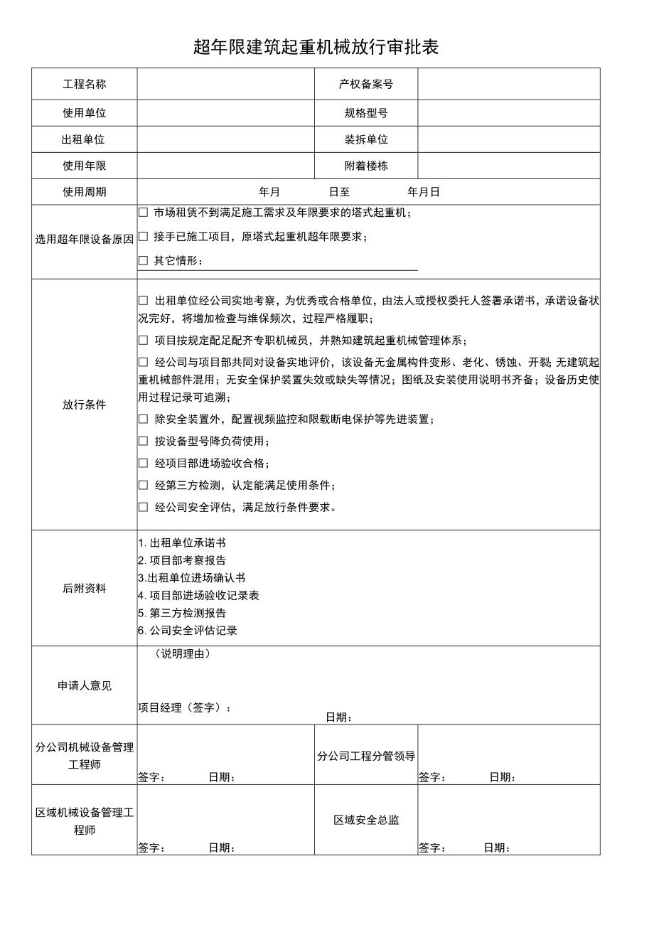 超年限建筑起重机械放行审批表.docx_第1页