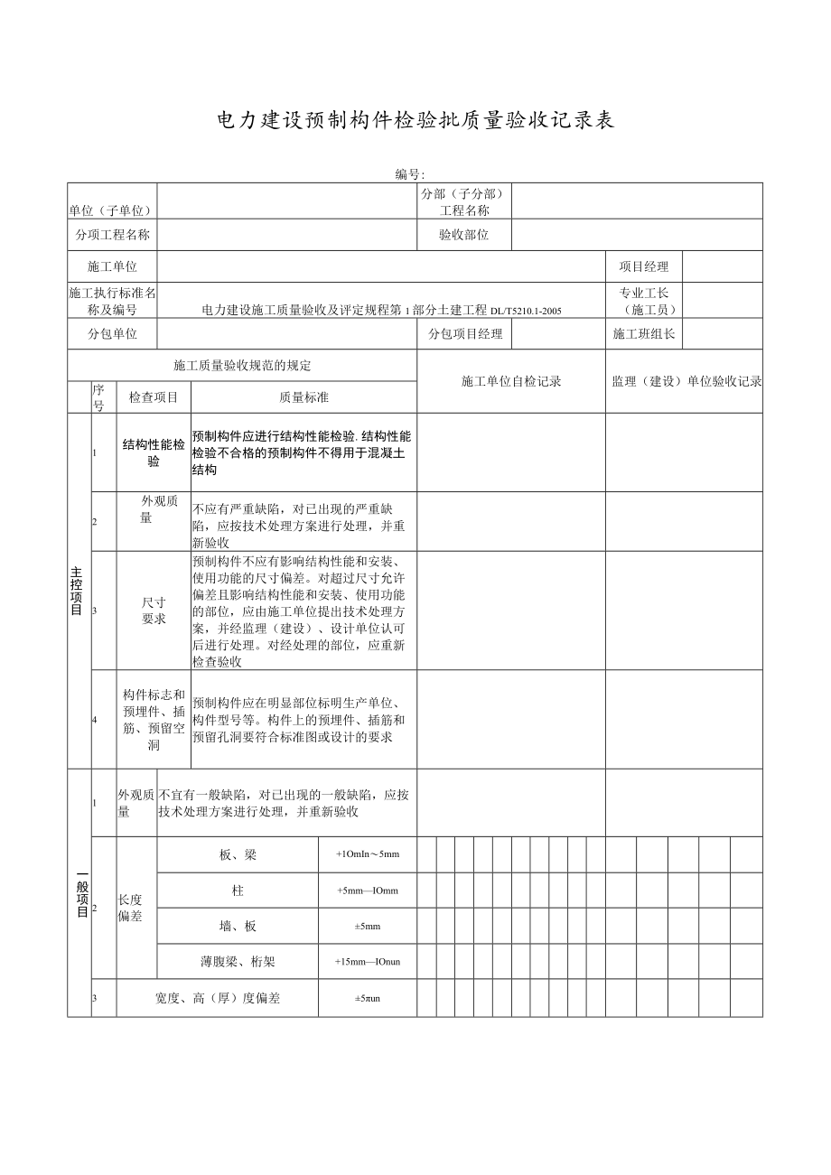 电力建设预制构件检验批质量验收记录表.docx_第1页