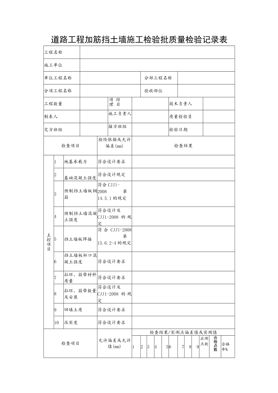 道路工程加筋挡土墙施工检验批质量检验记录表.docx_第1页