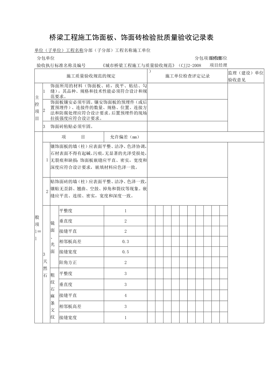 桥梁工程施工饰面板、饰面砖检验批质量验收记录表.docx_第1页