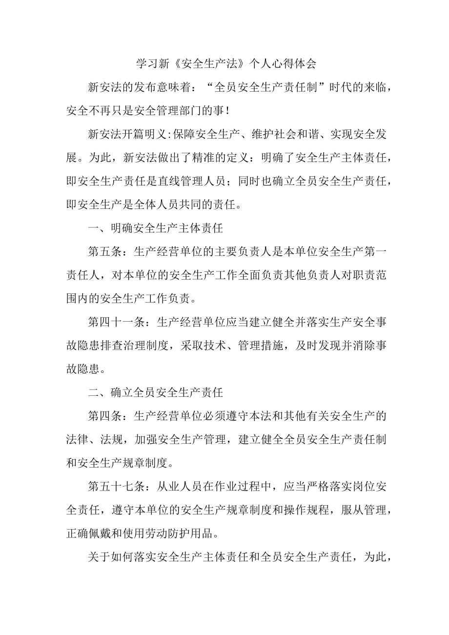 国企安全监督员学习新安全生产法个人心得体会 （合计5份）.docx_第1页