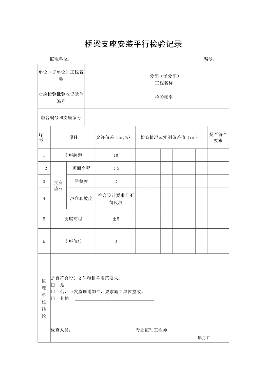 桥梁支座安装平行检验记录.docx_第1页