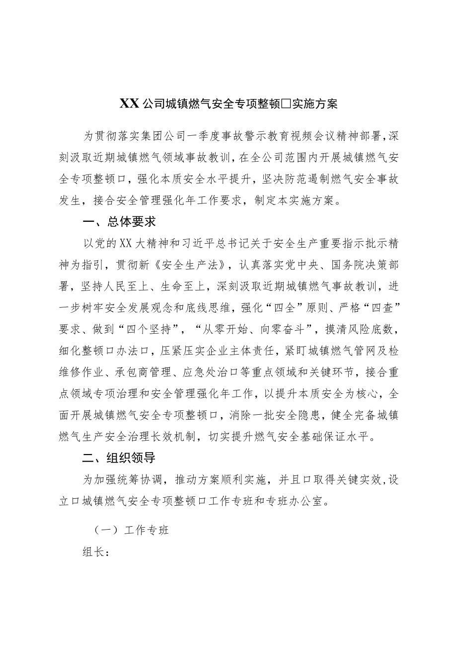 城镇燃气安全专项整治实施方案.docx_第1页