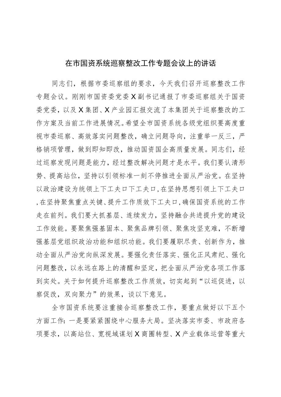 在市国资系统巡察整改工作专题会议上的讲话.docx_第1页