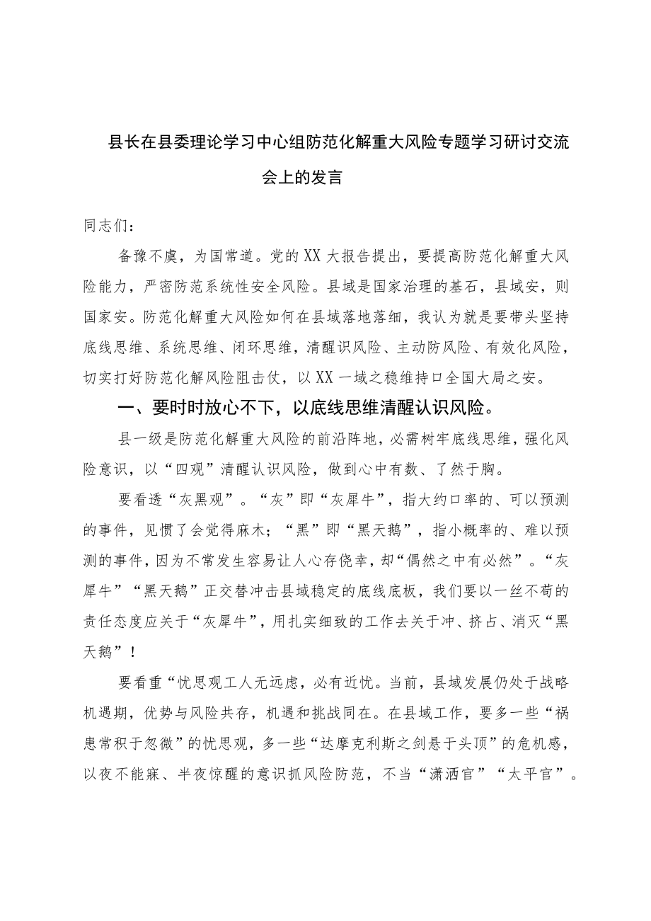 县长在县委理论学习中心组防范化解重大风险专题学习研讨交流会上的发言.docx_第1页