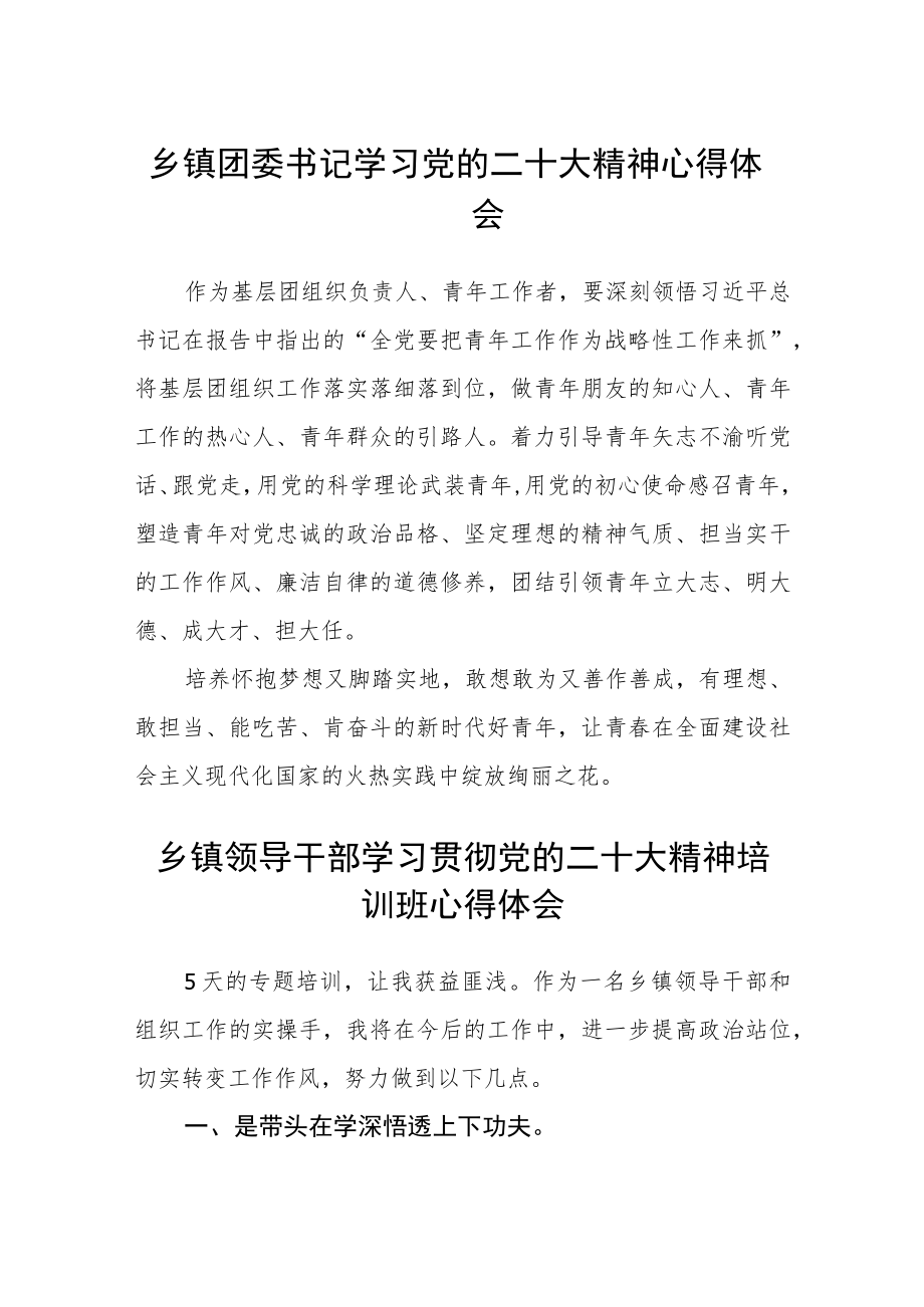 乡镇团委书记学习党的二十大精神心得体会合篇【三篇】.docx_第1页