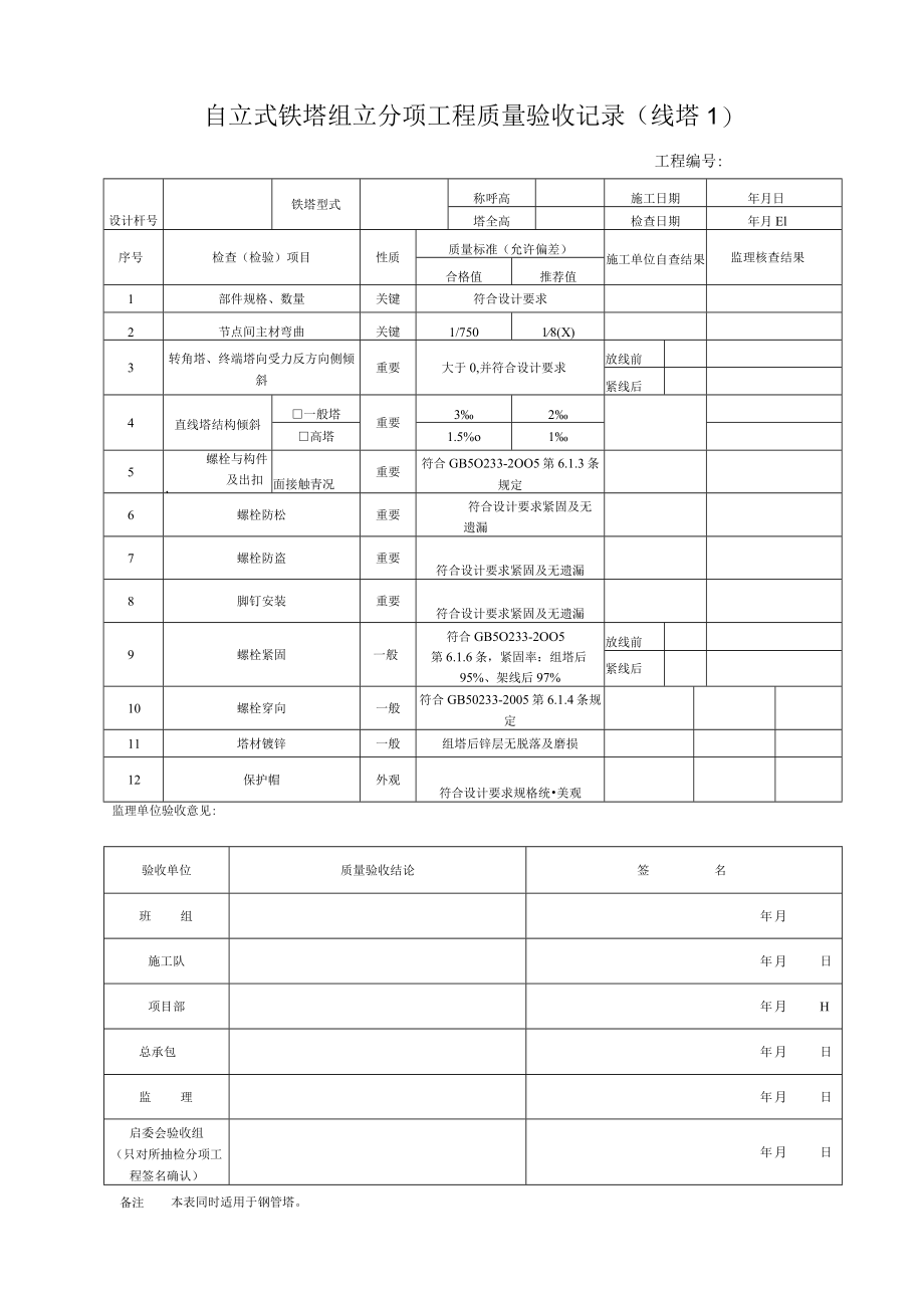 自立式铁塔组立分项工程质量验收记录(线塔1).docx_第1页