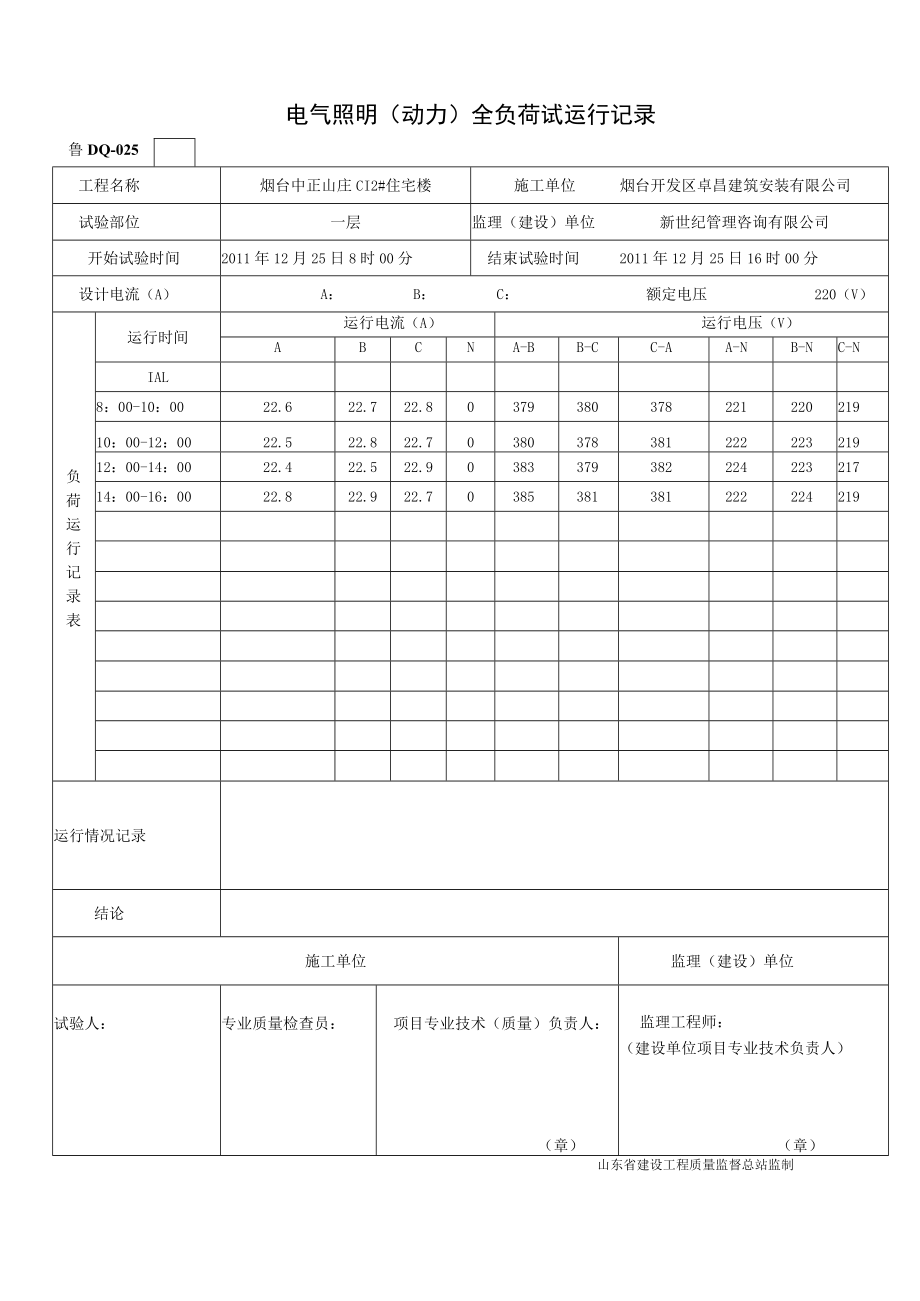 鲁SN-025电气照明（动力）全负荷试运行记录.docx_第1页