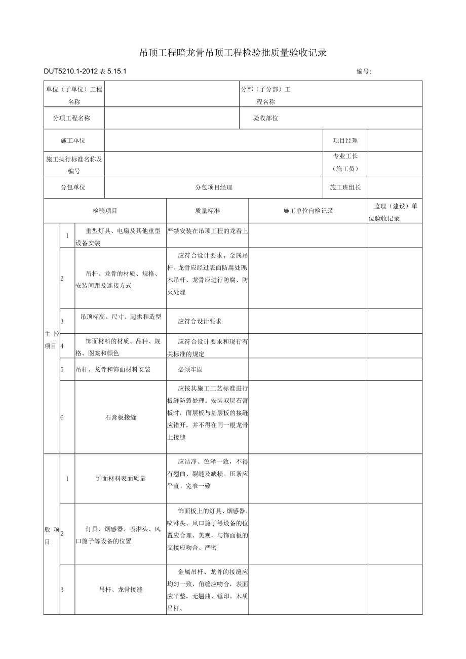 表5.15.1 暗龙骨吊顶工程 检验批质量验收记录.docx_第1页