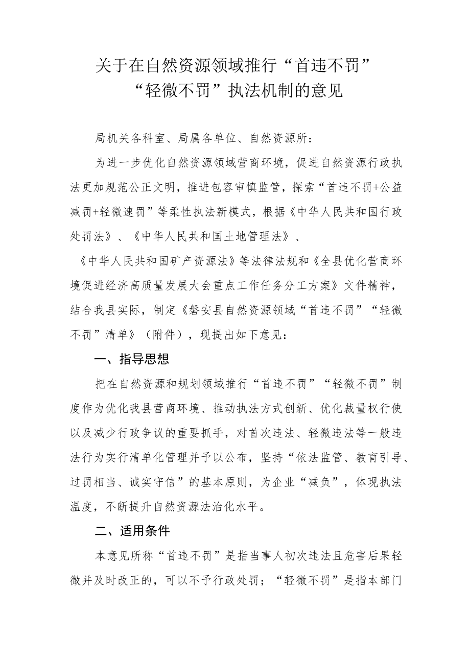 关于在自然资源领域推行“首违不罚”“轻微不罚”执法机制的意见.docx_第1页