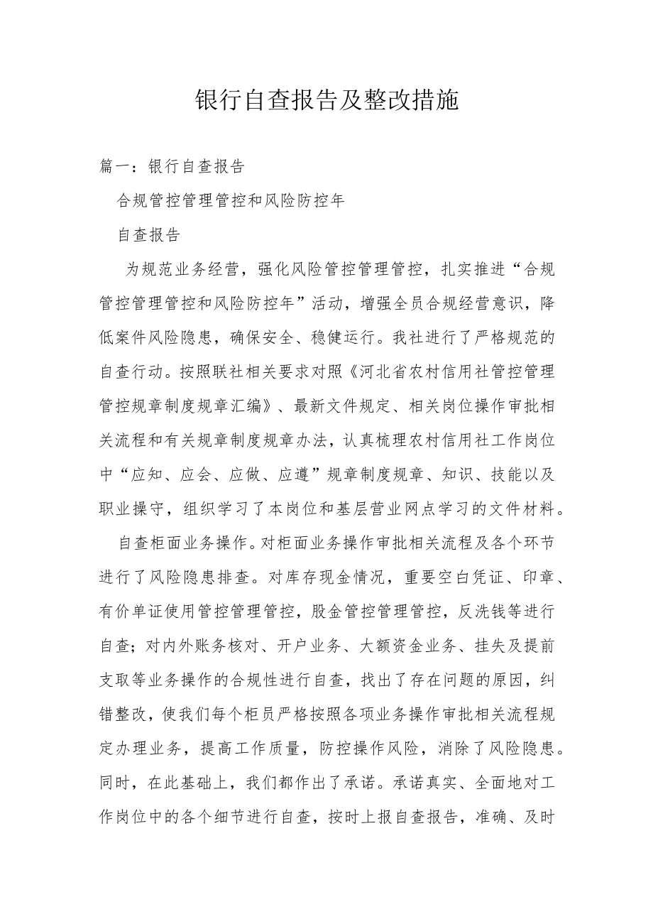 办公文档范本银行自查报告及整改措施.docx_第1页