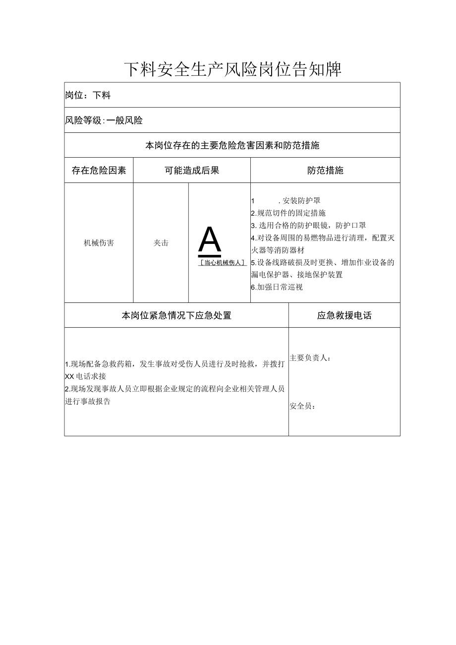 下料安全生产风险岗位告知牌.docx_第1页