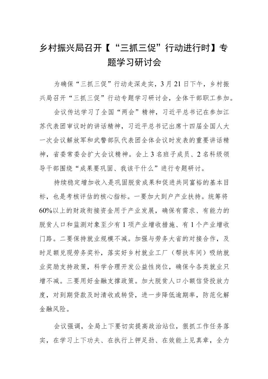 乡村振兴局召开【“三抓三促”行动进行时】专题学习研讨会精选范文(3篇).docx_第1页