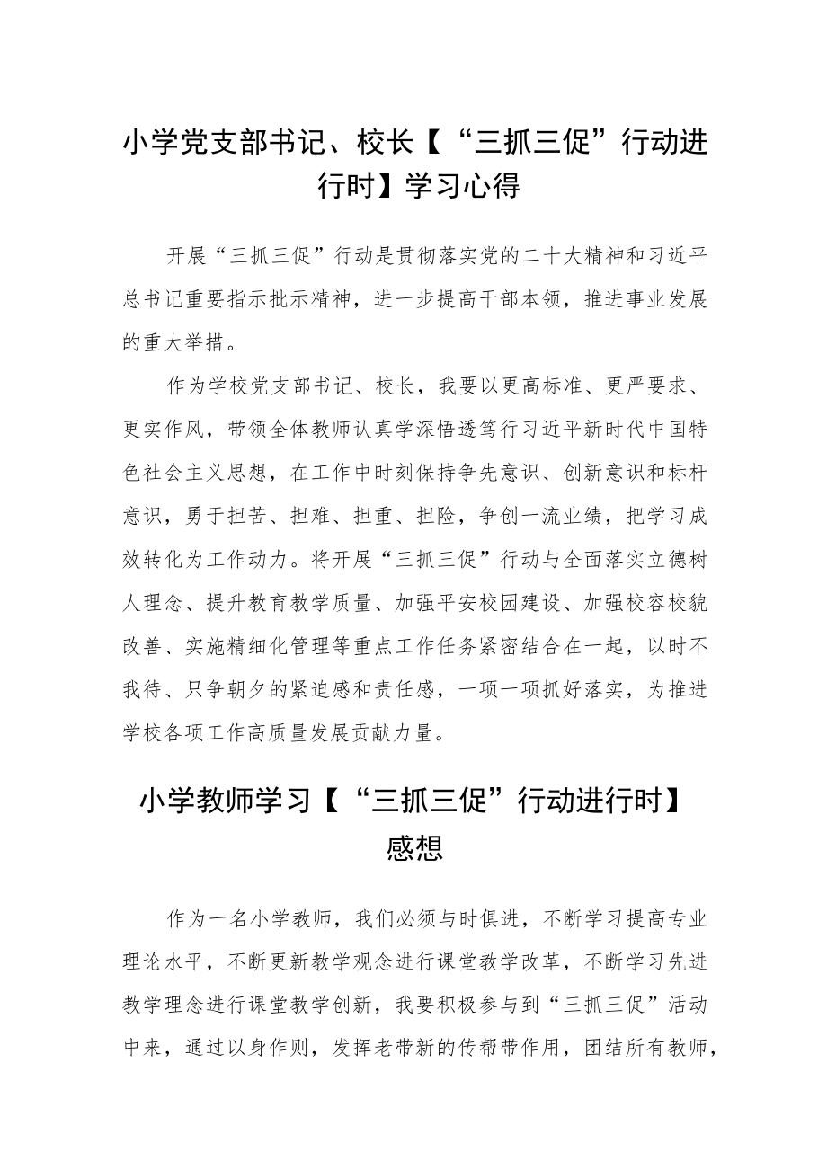 小学党支部书记、校长【“三抓三促”行动进行时】学习心得精选范文(3篇).docx_第1页