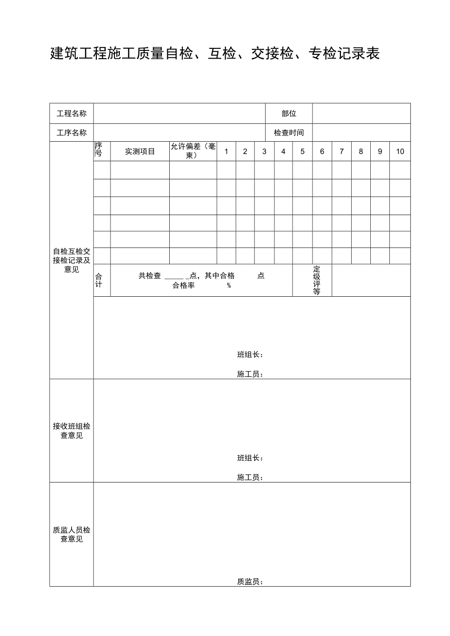 建筑工程施工自检互检交接检专检记录表.docx_第1页