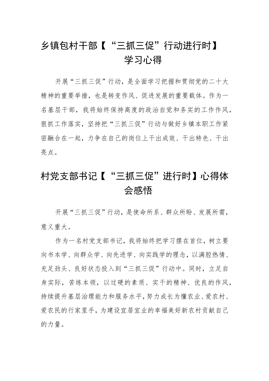 乡镇包村干部【“三抓三促”行动进行时】学习心得(精选3篇).docx_第1页