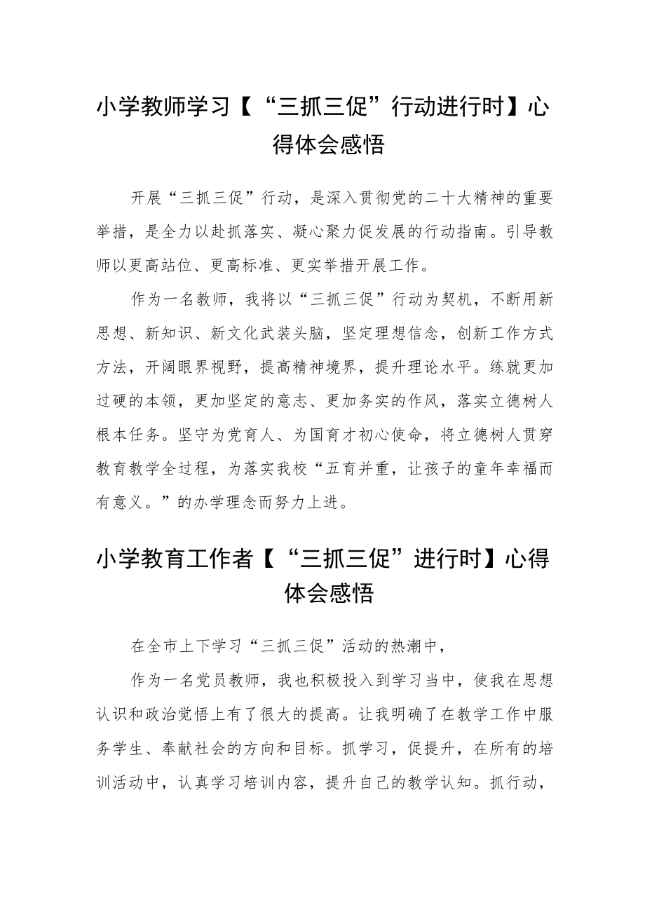 小学教师学习【“三抓三促”行动进行时】心得体会感悟精选范文(3篇).docx_第1页