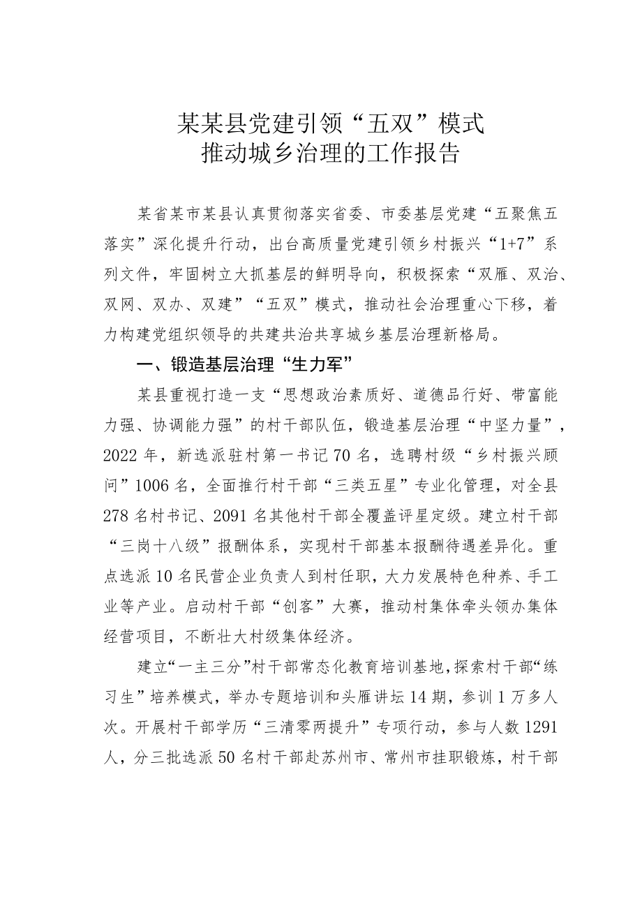 某某县党建引领“五双”模式推动城乡治理的工作报告.docx_第1页