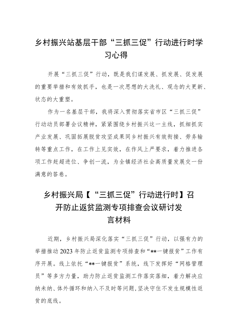 乡村振兴站基层干部“三抓三促”行动进行时学习心得精选范文(3篇).docx_第1页