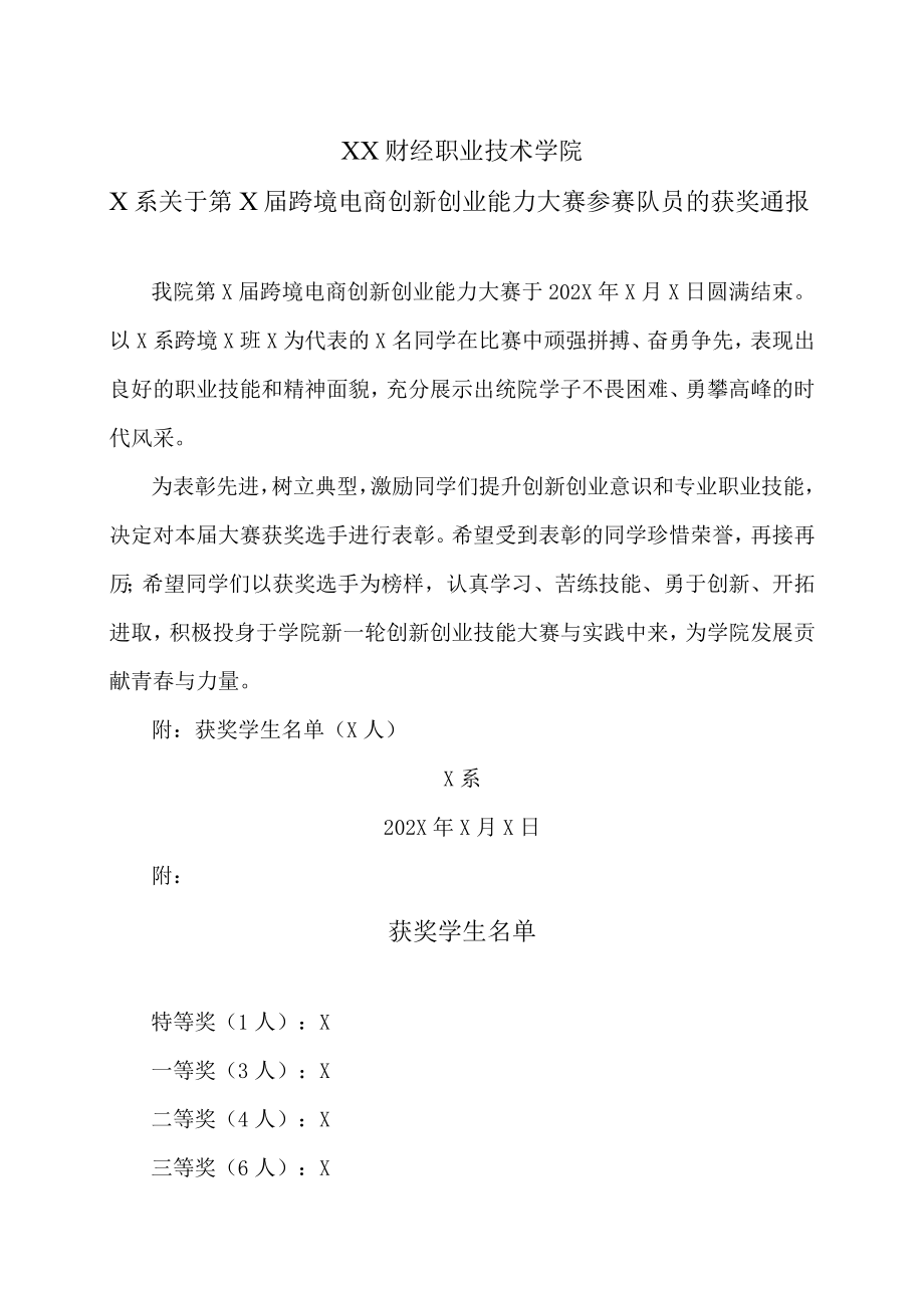 XX财经职业技术学院X系关于第X届跨境电商创新创业能力大赛参赛队员的获奖通报.docx_第1页