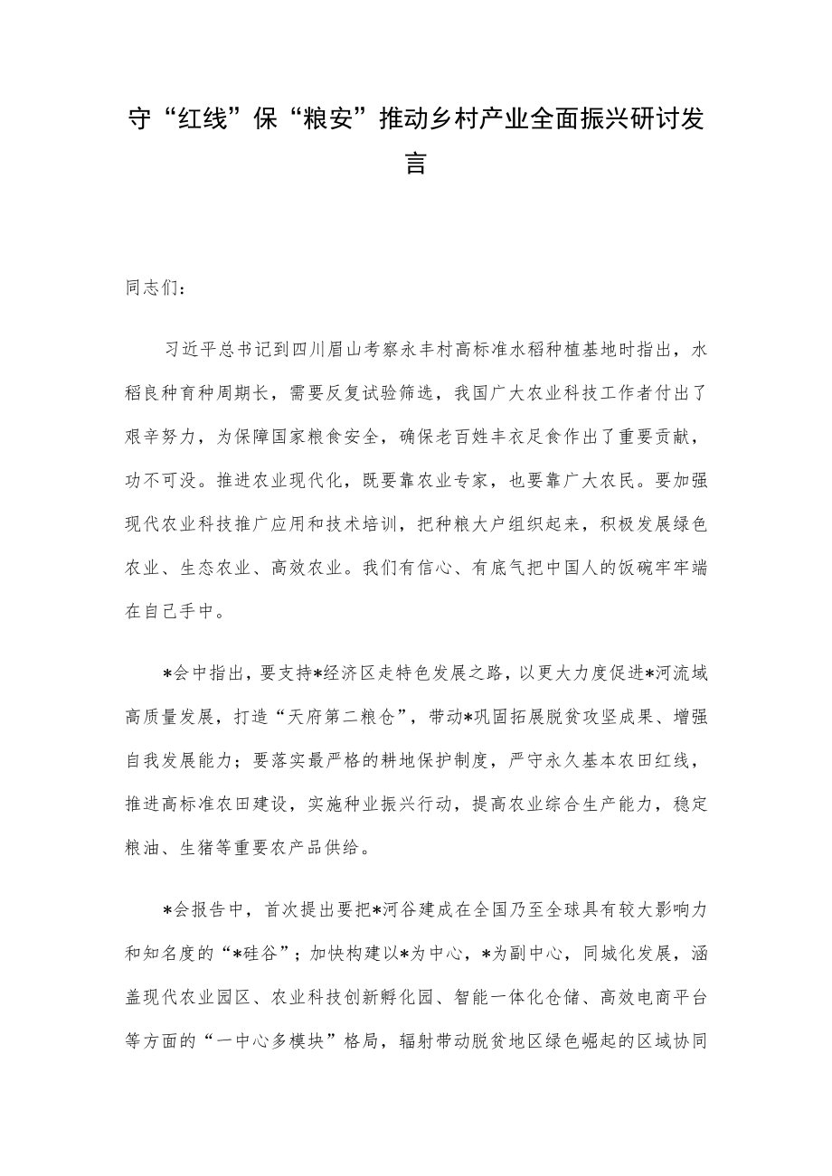 守“红线”保“粮安”推动乡村产业全面振兴研讨发言.docx_第1页