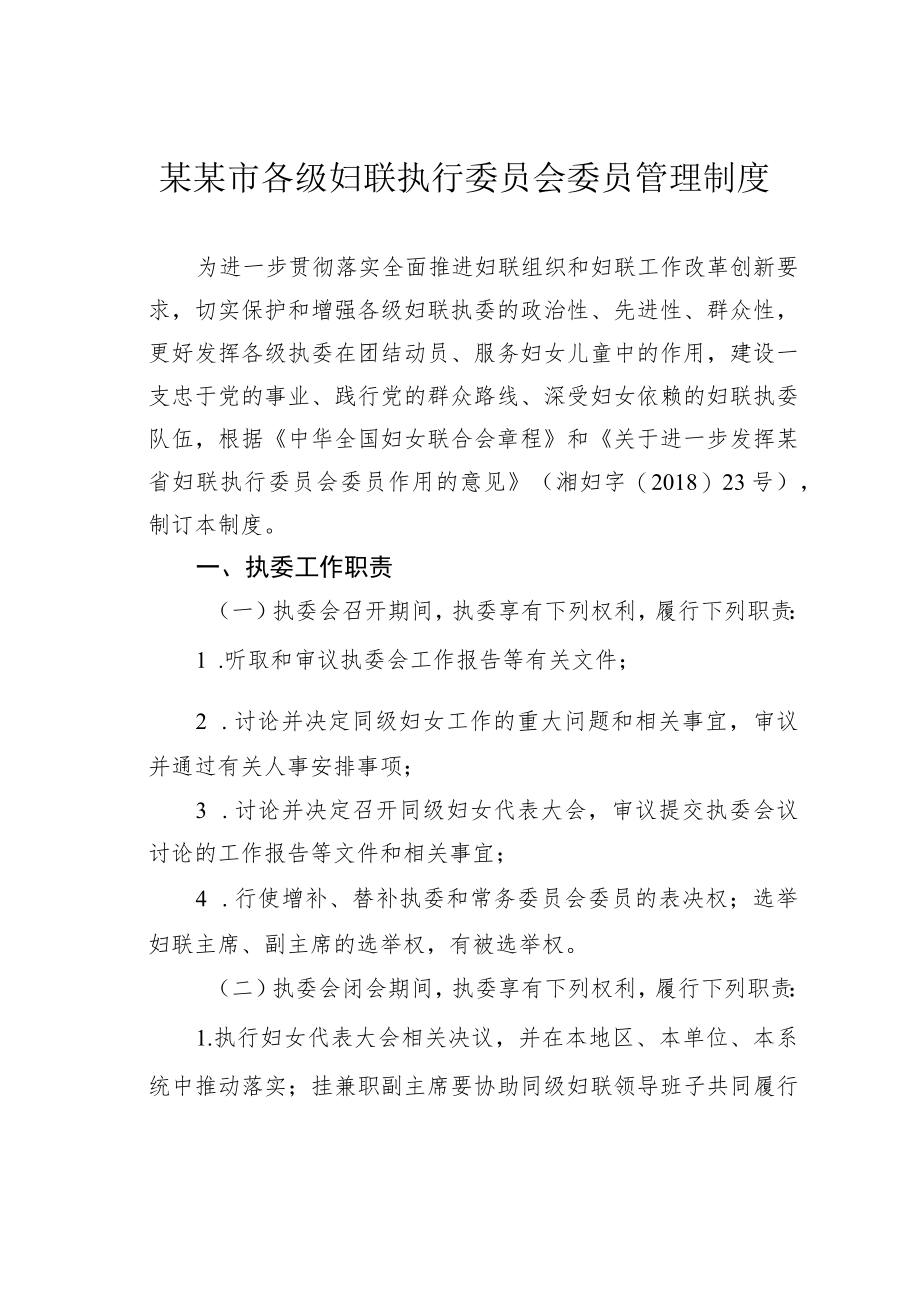 某某市各级妇联执行委员会委员管理制度.docx_第1页