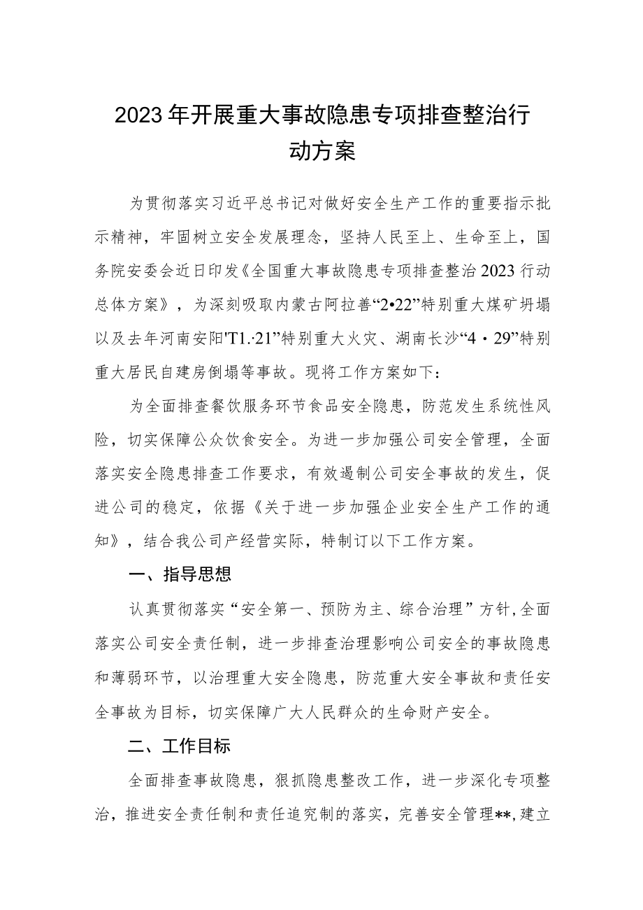 公司2023年开展重大事故隐患专项排查整治行动方案3篇精选.docx_第1页