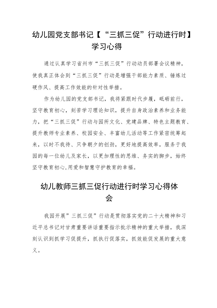 幼儿园党支部书记【“三抓三促”行动进行时】学习心得精选范文(三篇).docx_第1页