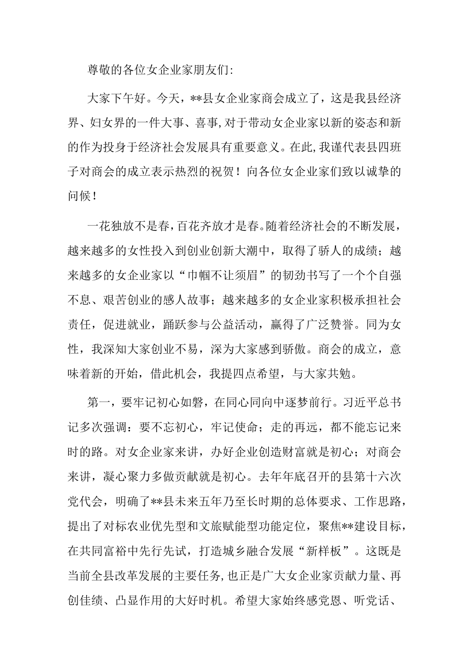 在县女企业家商会成立大会上的讲话.docx_第1页