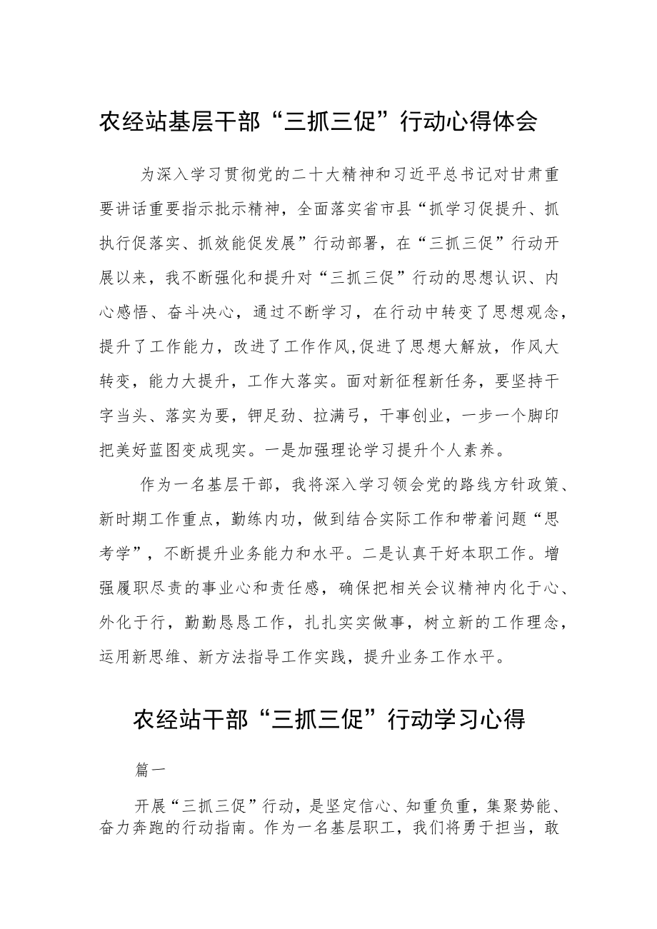 农经站基层干部“三抓三促”行动心得体会精选范文(三篇).docx_第1页