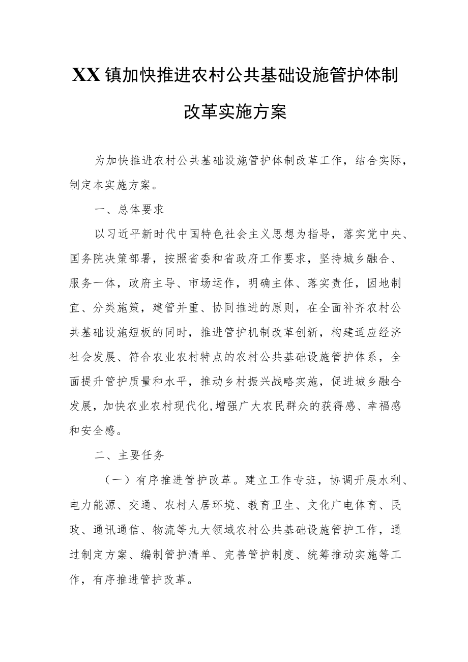 XX镇加快推进农村公共基础设施管护体制改革实施方案.docx_第1页