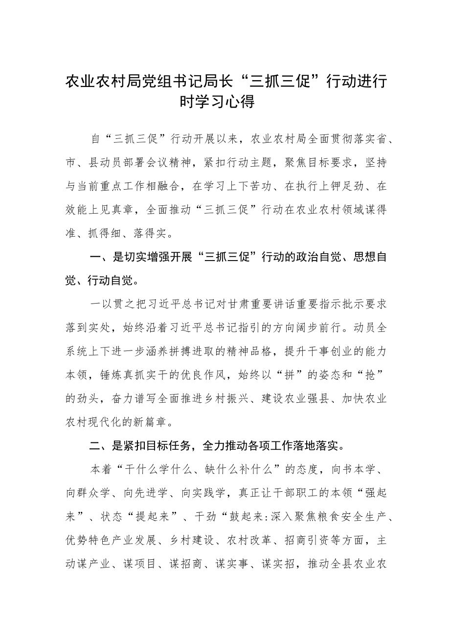 农业农村局党组书记局长“三抓三促”行动进行时学习心得精选范文(3篇).docx_第1页